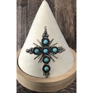 Vintage Zuni Myra T Qualo Sterling And Turquoise Cross Pendant